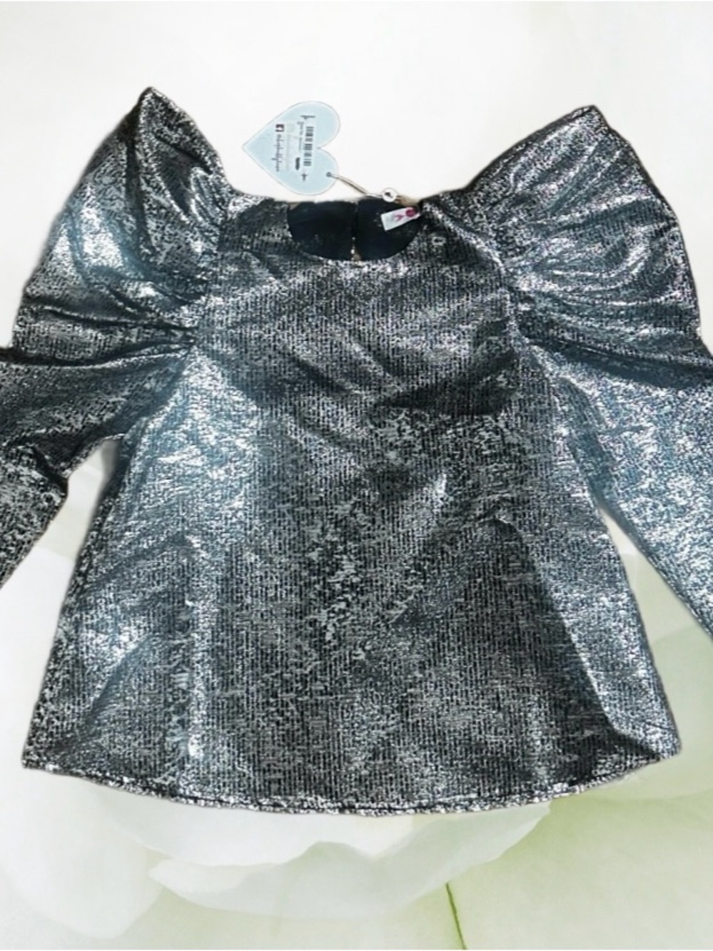 Buddy Love Women’s Medium ~ Black W/Silver Metallic Puff Sleeve Top Blouse ~ New